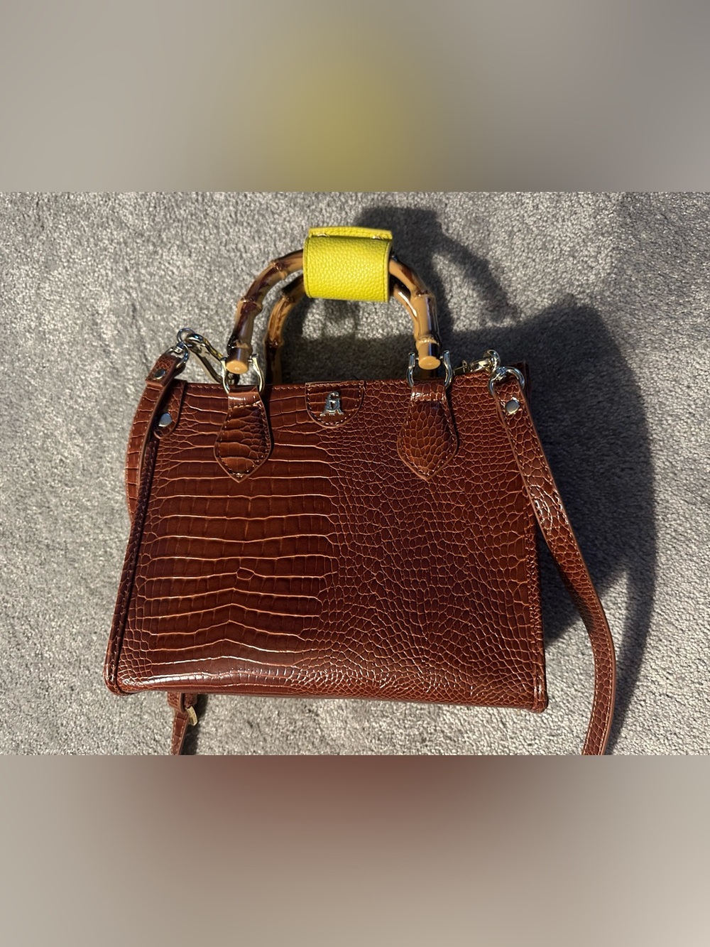 Steve Madden Brown Croc-Embossed Satchel with Yellow Handle Accent